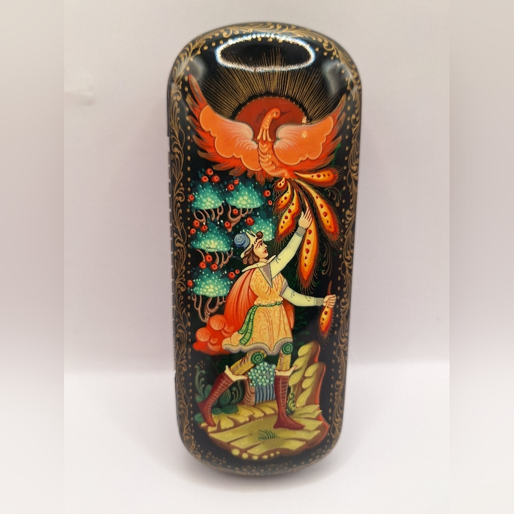 Russian Lacquer Hand-Painted Firebird Fairy  Tale Eyeglass Trinket Case Folk Art